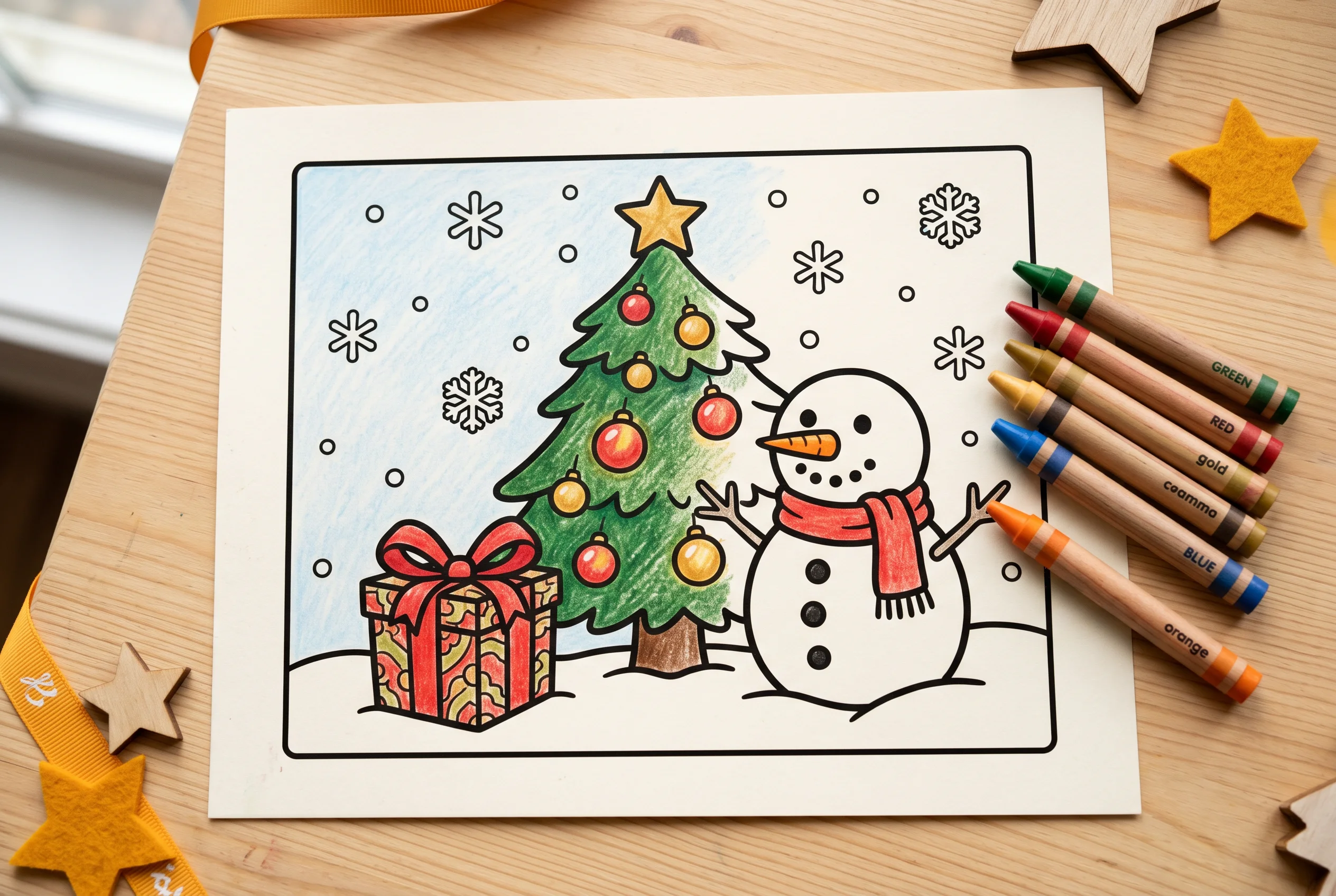 A holiday coloring page with a Christmas tree and snowman being colored in