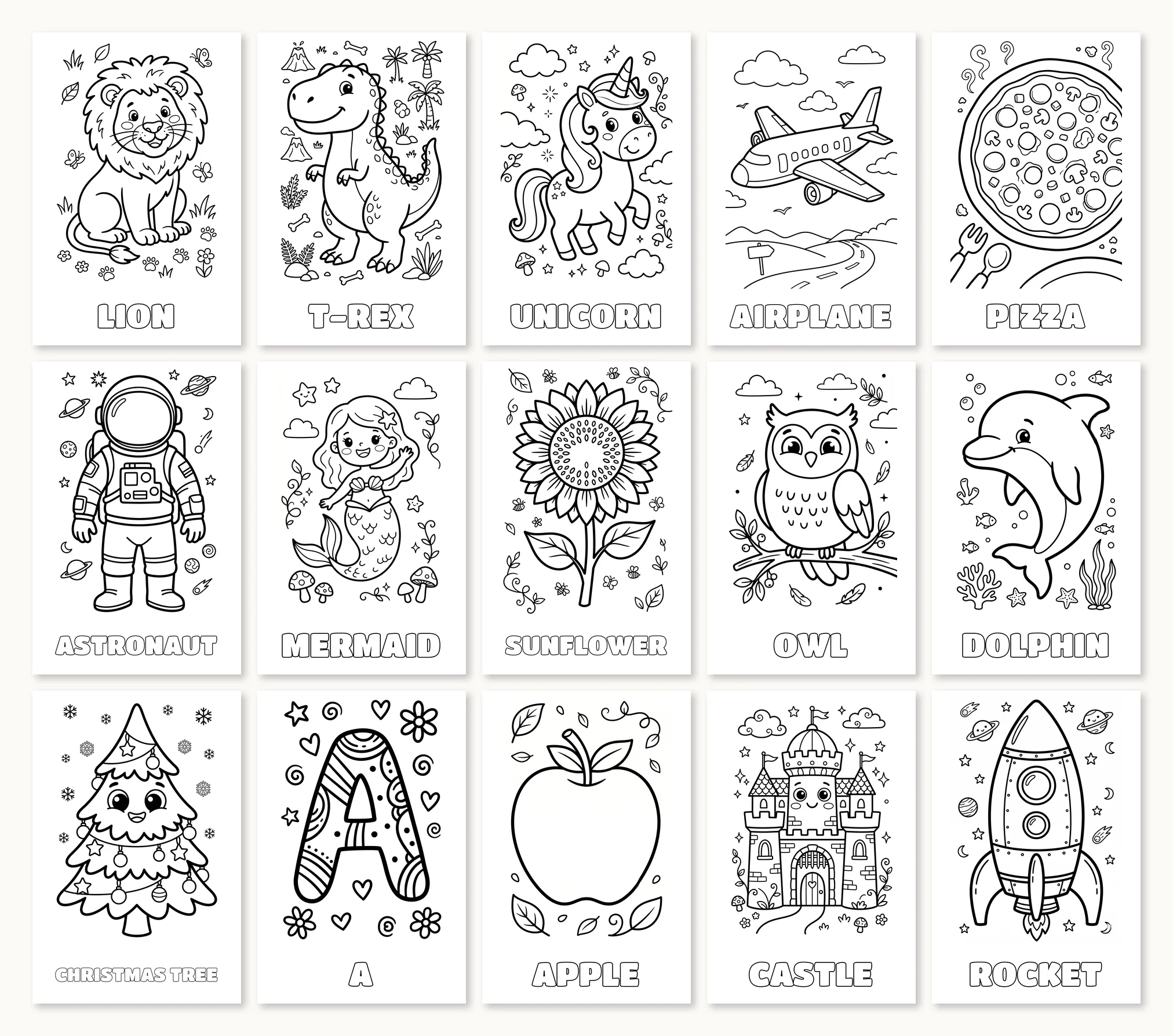 A mosaic of sample pages from across the Koloro library · animals, dinosaurs, unicorns, vehicles, scenes