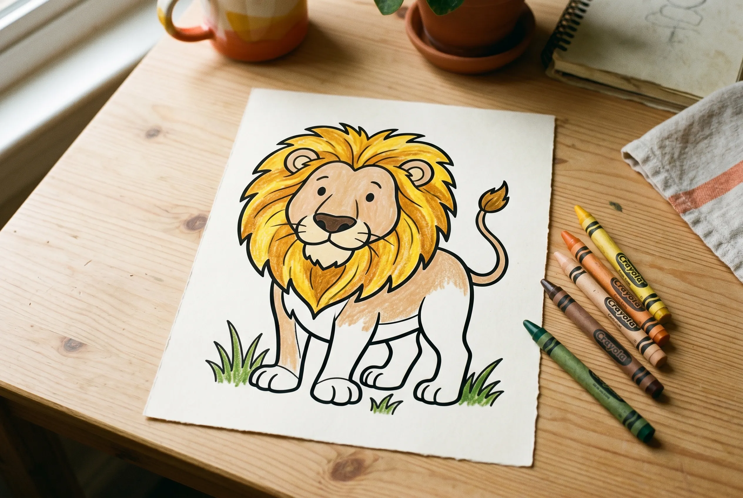 A lion coloring page being colored in with golden crayon