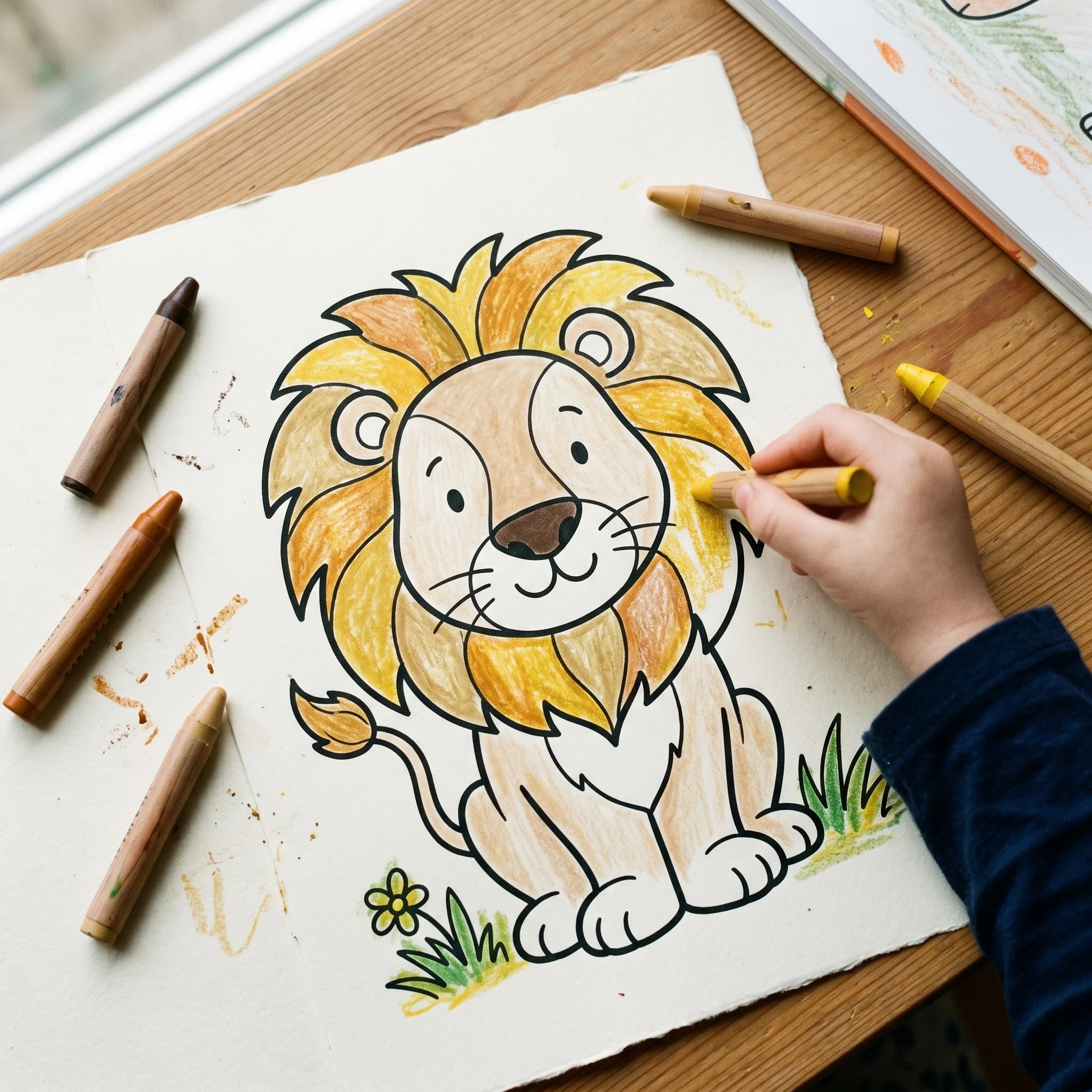 La mano de un niño colorea una página de león de Koloro en tonos cálidos de amarillo y naranja