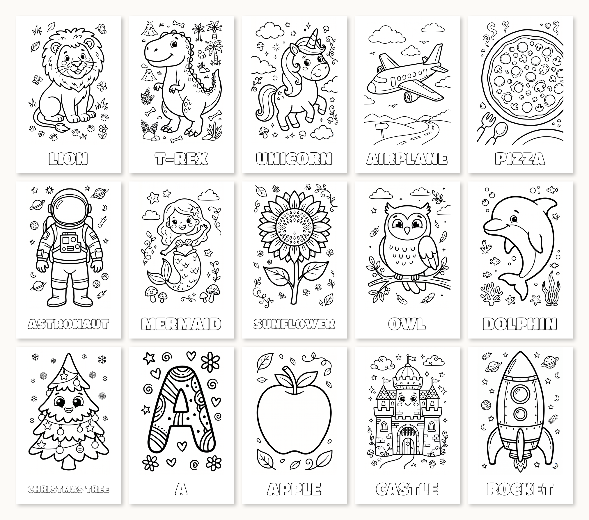 A mosaic showing 15 sample pages from the book — lion, T-Rex, unicorn, airplane, pizza, astronaut, mermaid, sunflower, owl, dolphin, christmas tree, decorative A, apple, castle, rocket